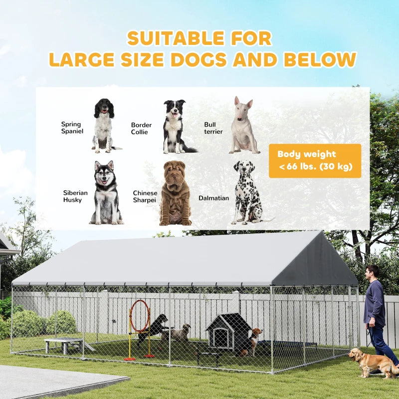 Galvanized Steel Outdoor Dog Kennel with Roof, Safety Locks, for Backyard, 19.7' x 14.8' x 7.9'