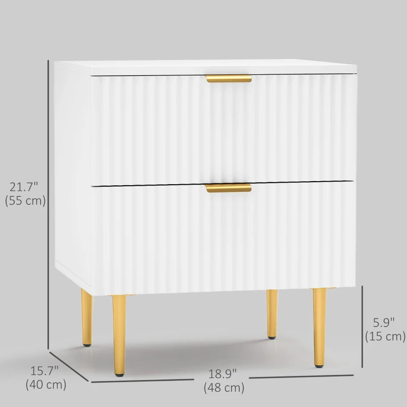 Bedside Table, Modern Nightstand with 2 Drawers, Side End Table with Metal Legs for Living Room, Bedroom, White