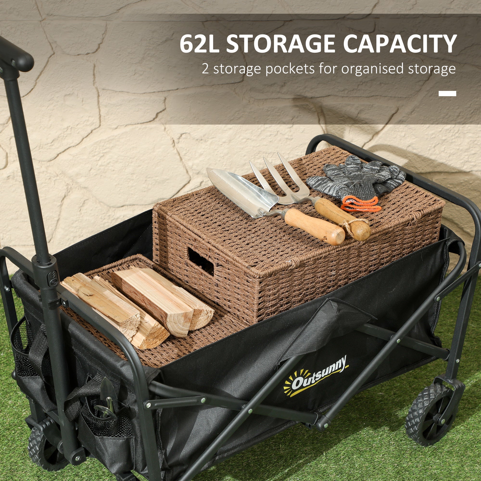 Outsunny Collapsible Folding Garden Cart, Heavy Duty Lawn Wagon with Universal Wheels and Adjustable Handle, Black 