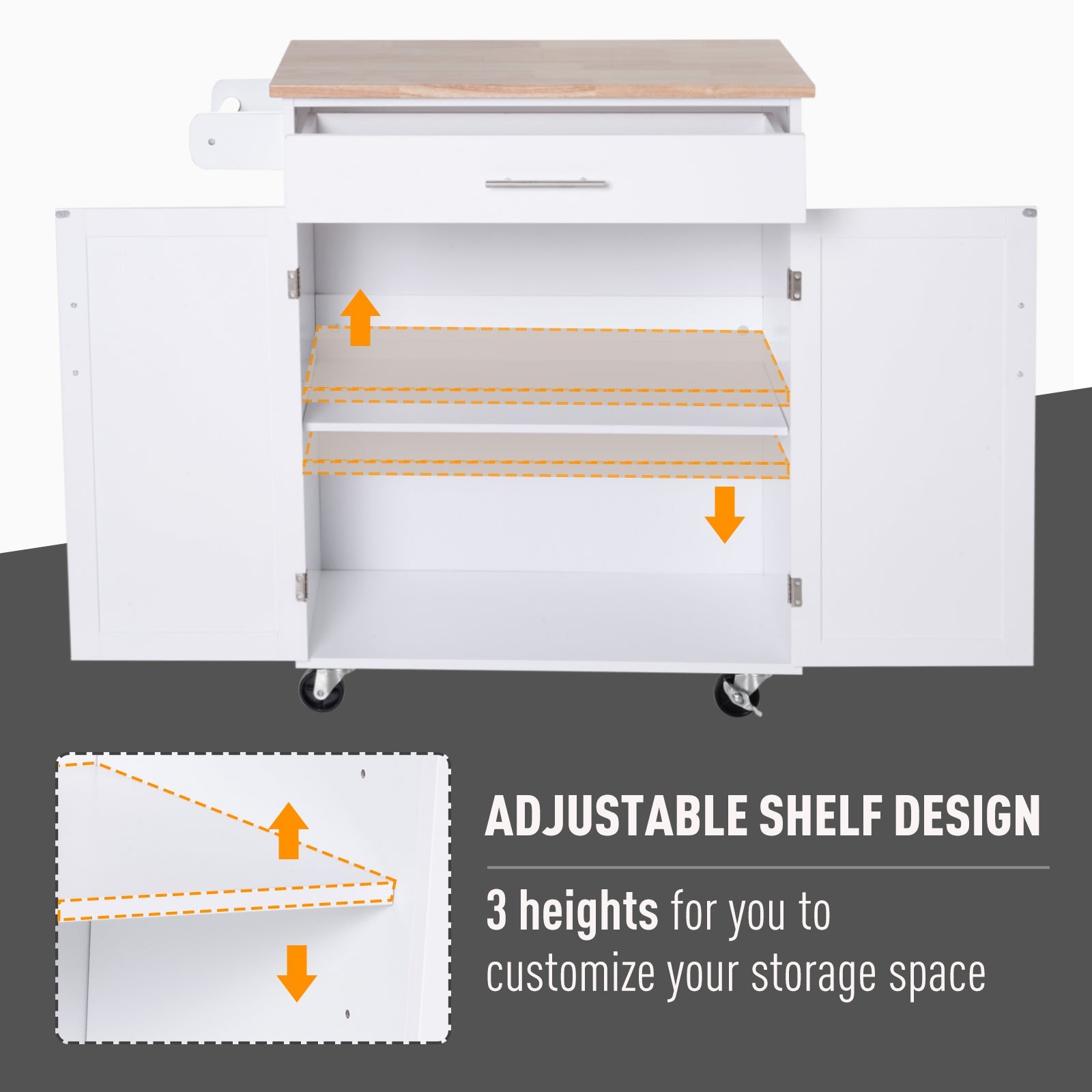 HOMCOM Wooden Kitchen Island Cart: White Rolling Serving Trolley with Storage Drawer, Towel Bar & Wheeled Mobility 