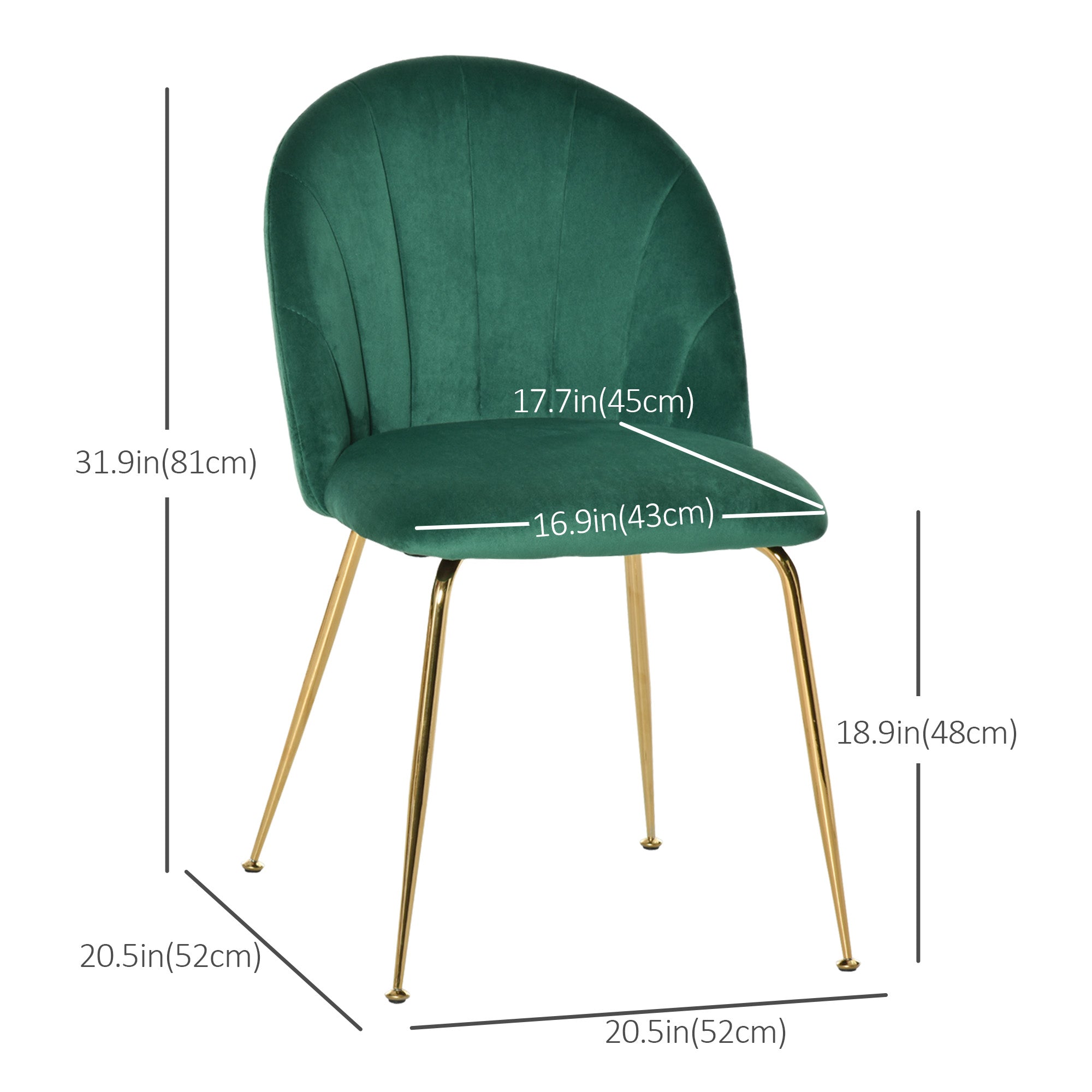 HOMCOM Green Velvet-Touch Fabric Modern Dining Accent Chairs Set of 2 with Gold Metal Legs 