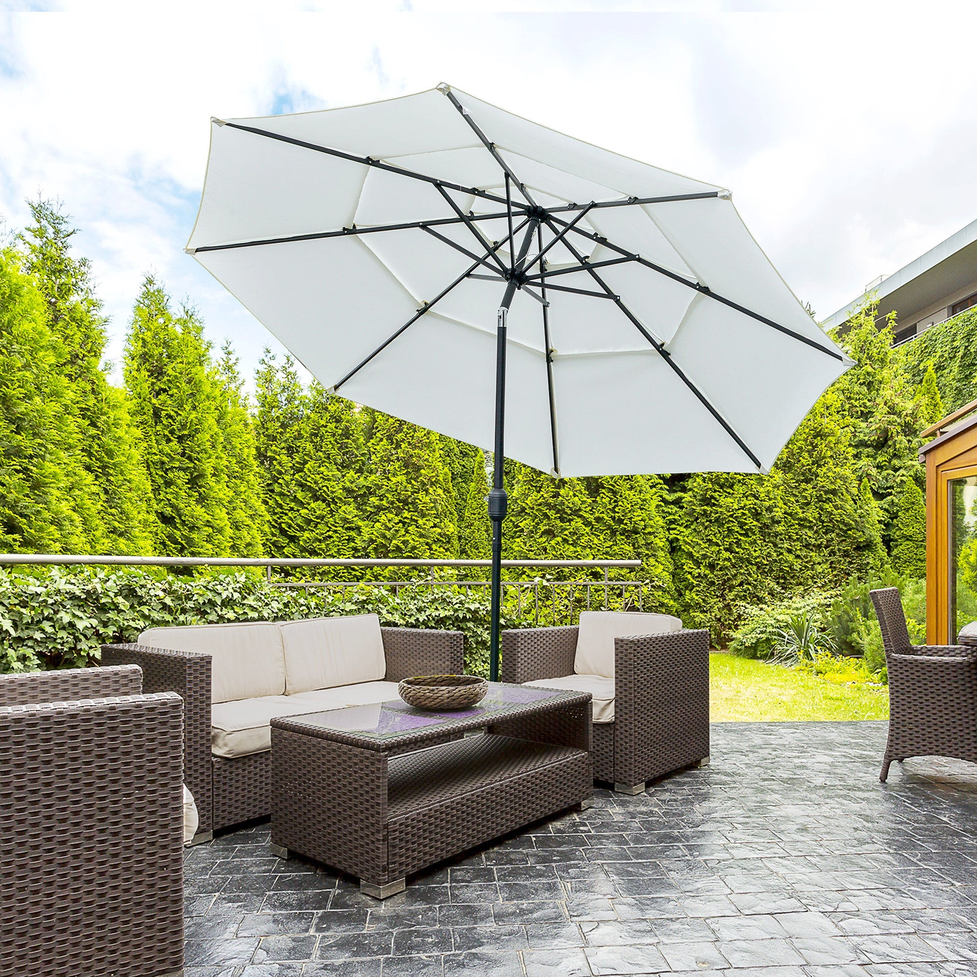 Outsunny 9FT Patio Umbrella 3 Tiers Outdoor Market Umbrella Crank Push Button Tilt for Deck Backyard Lawn Cream White 
