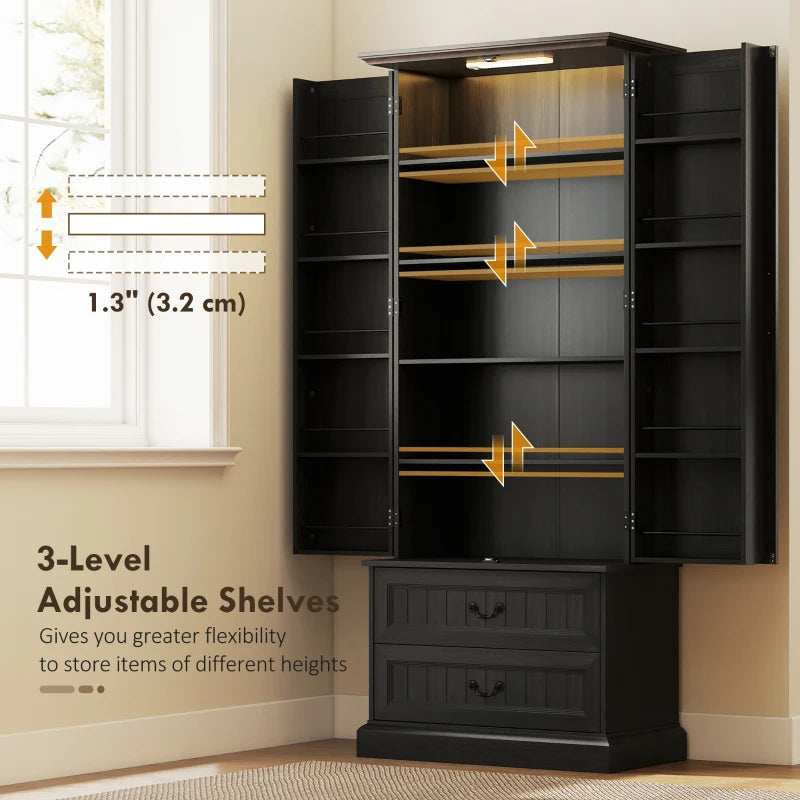 72" LED Kitchen Pantry Cabinet, Buffet Storage Cabinet with 10 Door Shelves, 2 Drawers and Adjustable Shelves, Black