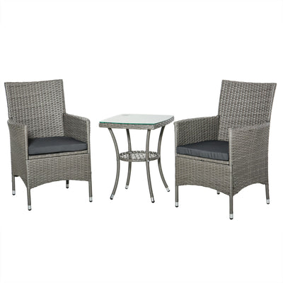 Outsunny 3PC Rattan Patio Bistro Set - Outdoor Furniture with Armchairs, Glass Coffee Table, Grey 