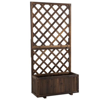 Outsunny Wooden Planter Box with Trellis for Climbing Plants Flower Raised Bed 2.4x1x4.9ft Carbonized 