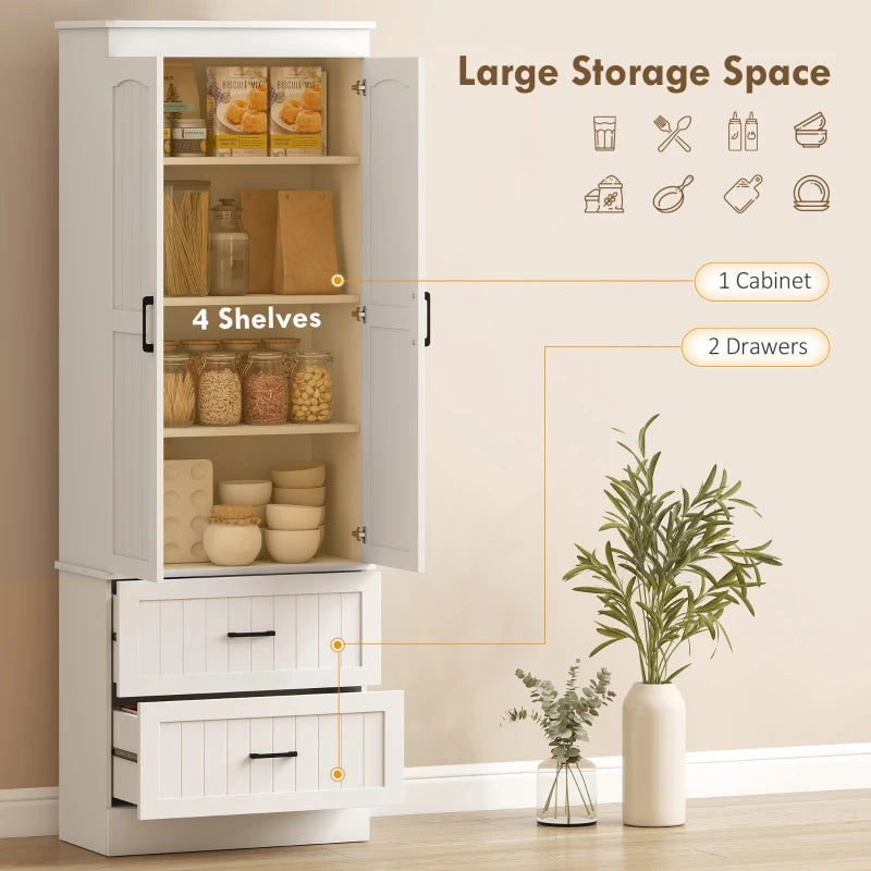 Tall Pantry Cabinet, 67" Kitchen Storage Cabinet with Adjustable Shelves and 2 Drawers for Kitchen, Dining Room, White