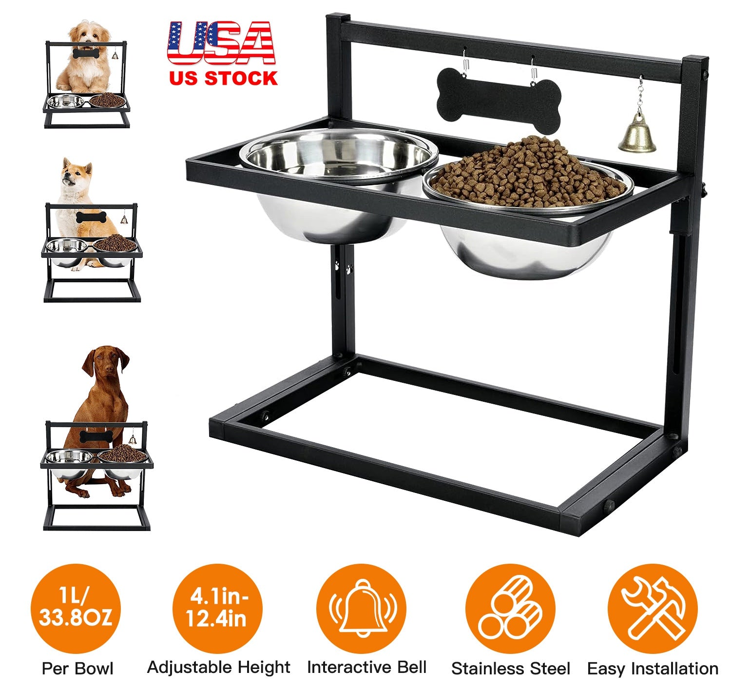 Dog Raised Bowls with 4.1 to 12.4in Adjustable Height Stainless Steel Elevated Double Dog Bowls with Bell Name Plate for Small Medium Large Dogs