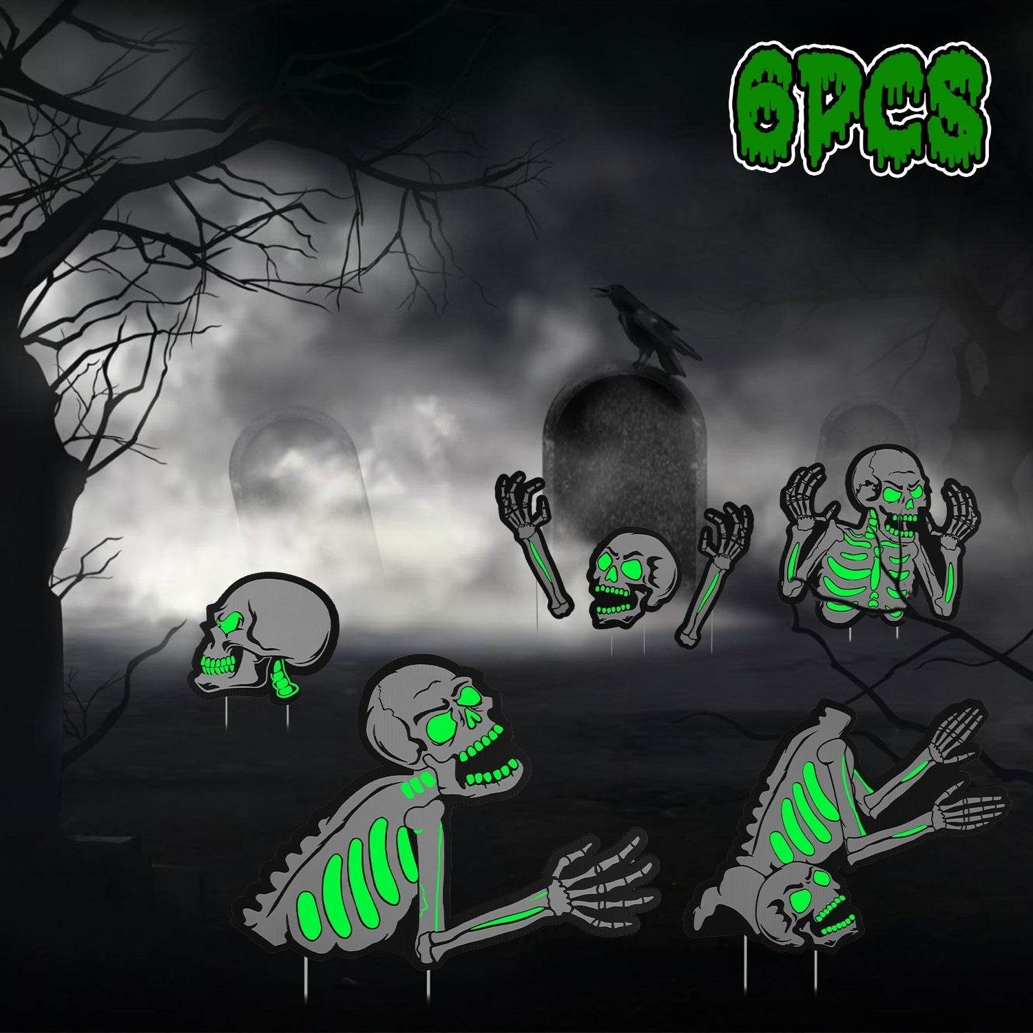 6Pcs Skull Or 6Pcs Tomb Or 5Pcs Black Cat Halloween Yard Sign Decorations  Glow In The Dark For Haunted House Garden Yard And Scary Theme Party 