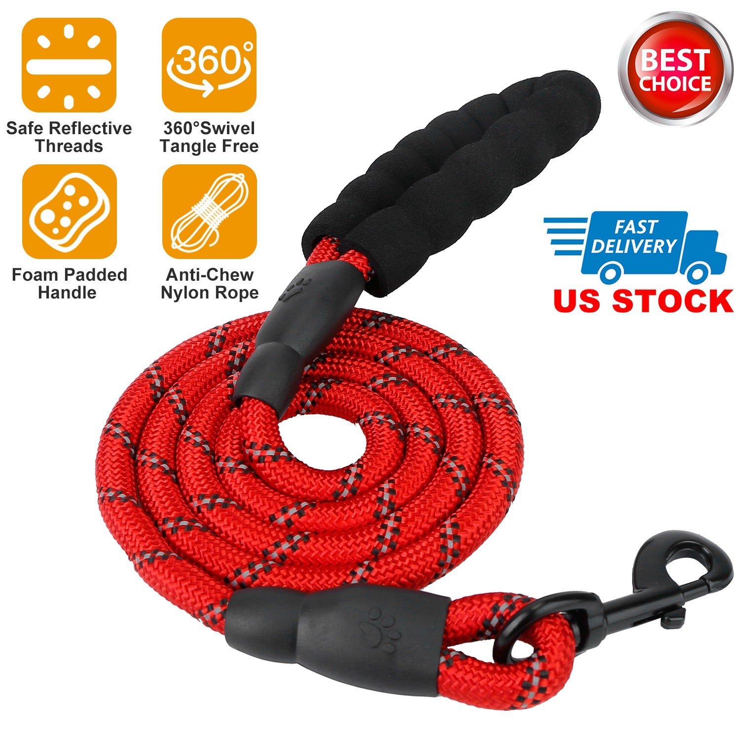 5FT Dog Leash Dog Training Walking Lead w/ Foam Handle Highly Reflective Treads Strong Nylon Dog Rope For Small Medium Dogs