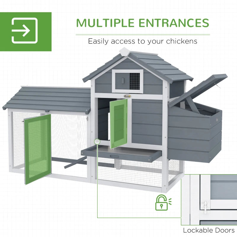 60" Large Chicken Coop Wooden Hen House for Outdoor Backyard with 2 Doors, Nesting Box and Removable Tray, White