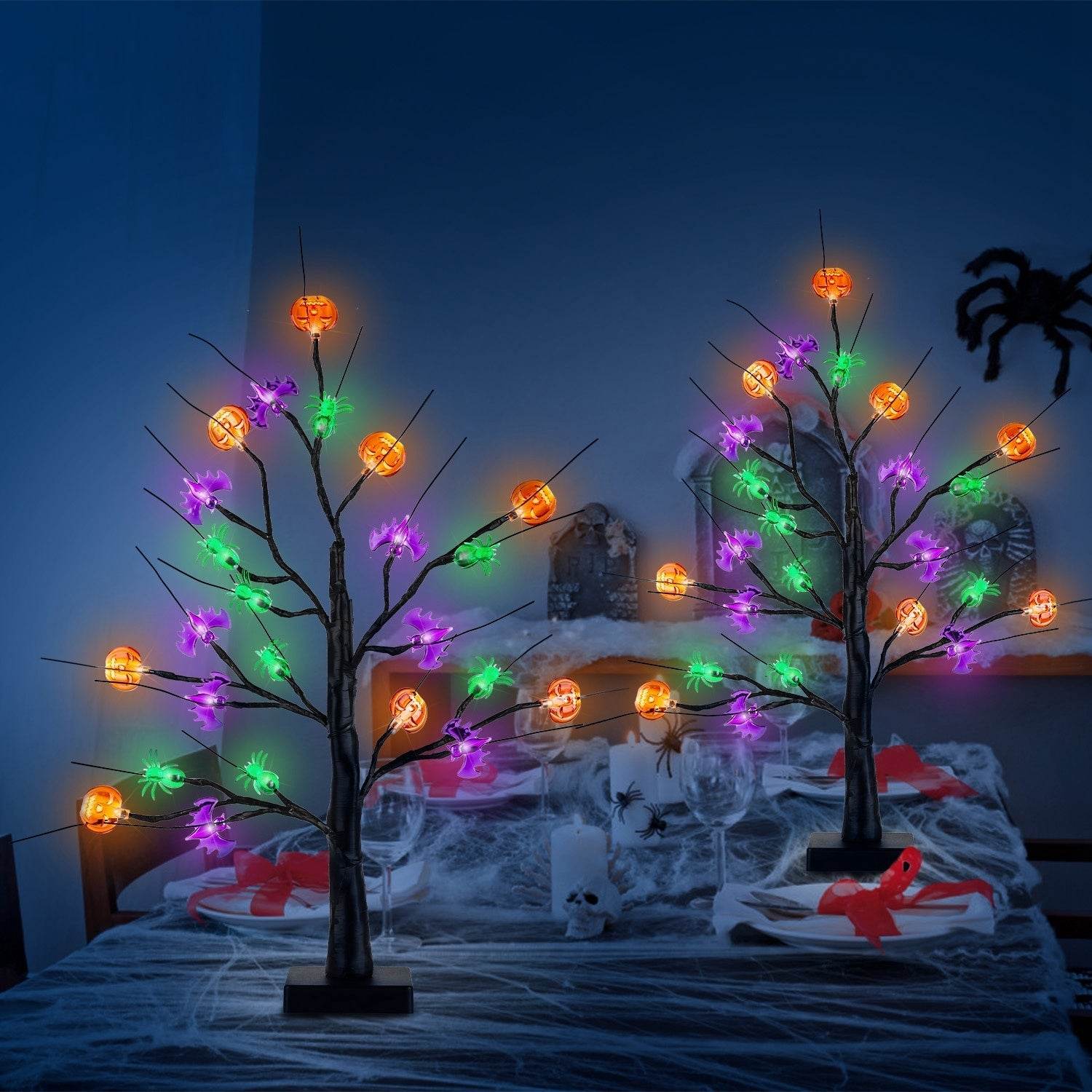 2Pack 1.97FT Lighted Halloween Trees Halloween Indoor Decorations Black Halloween Tree Lights With Timer Adjustable Twigs For Tabletop Party 