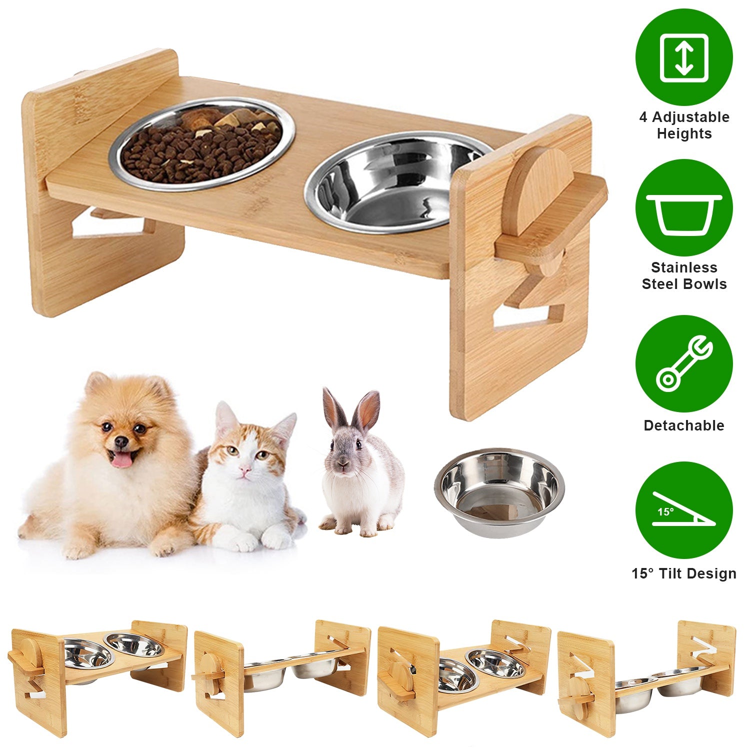 Bamboo Double Dog Raised Bowls 15° Tilt Elevated Dog Bowls with 4 Adjustable Heights 2 Stainless Steel Bowls Pet Feeder for Dogs Cats Rabbits