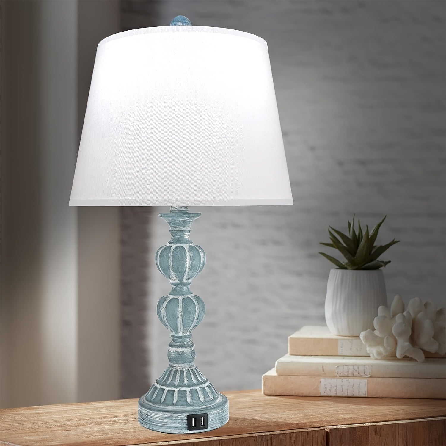 Coastal Farmhouse Table Lamp Set – 3-Way Dimmable Touch Control with Dual USB Ports, Blue Washed White Finish – Perfect for Nightstands or Living Rooms (Set of 2) 