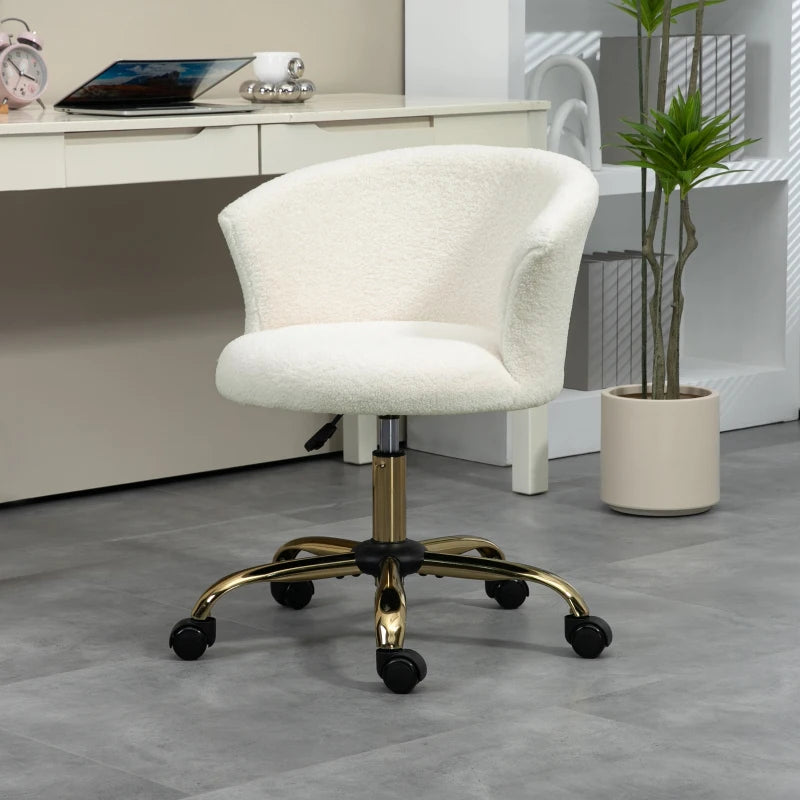 Armless Office Chair, Fluffy Computer Desk Chair with Adjustable Height, Swivel Wheels, Mid Back, Gold