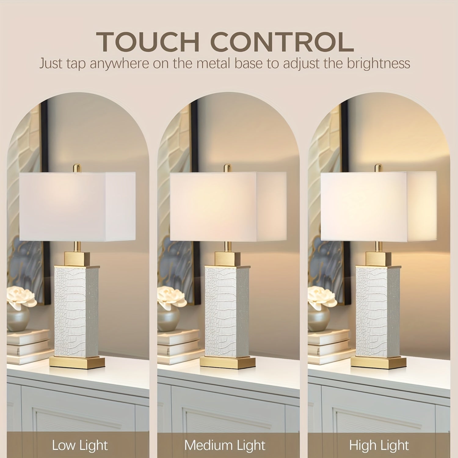Modern White Faux Leather Table Lamps (Set of 2) – 3-Way Dimmable Touch Control with USB-C & A Charging Ports, Rectangle Shade – Ideal for Bedroom or Living Room 