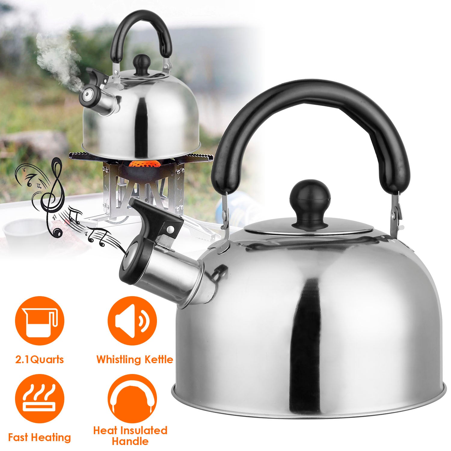 2.1Quarts Stainless Steel Whistling Tea Kettle Stovetop Induction Gas Teapot with Insulated Handle Camping Kitchen Office