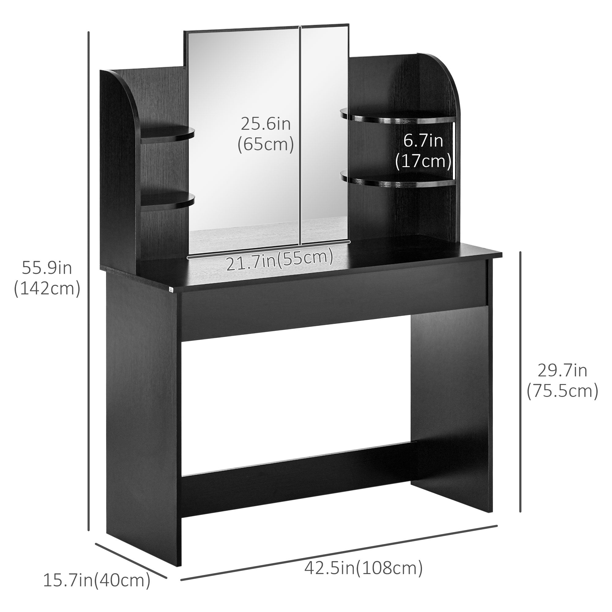 HOMCOM Vanity Table Wood Dressing Table w/ Makeup Mirror, Big Drawers, Open Shelf for Bedroom Black 