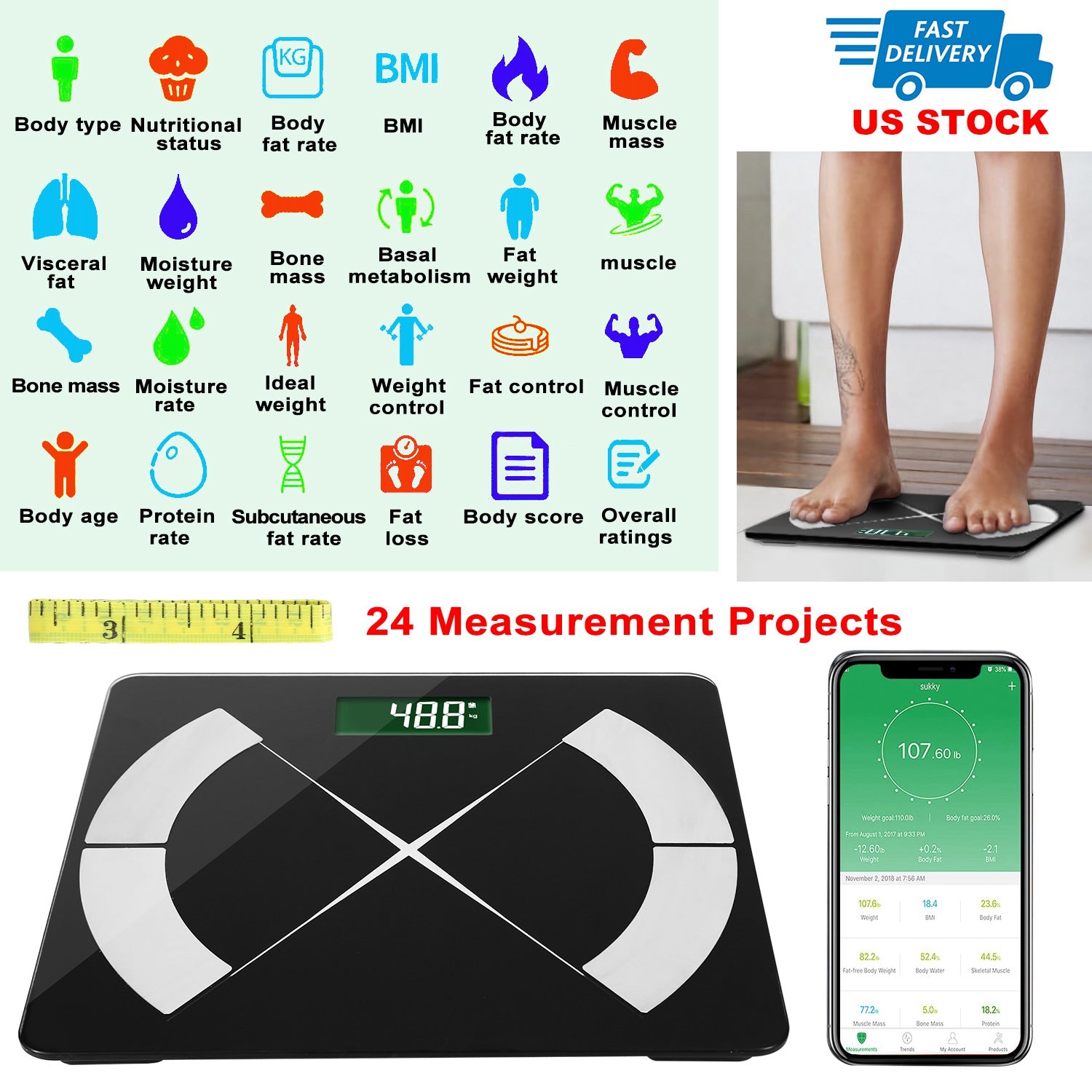 Smart Body Composition Scale Fat Monitor Digital APP Scale BMI Health Analyzer