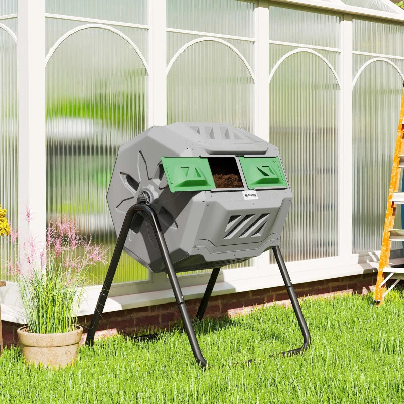 Tumbling Compost Bin Outdoor Dual Chamber 360° Rotating Composter 43 Gallon with Sliding Doors, Dark Green