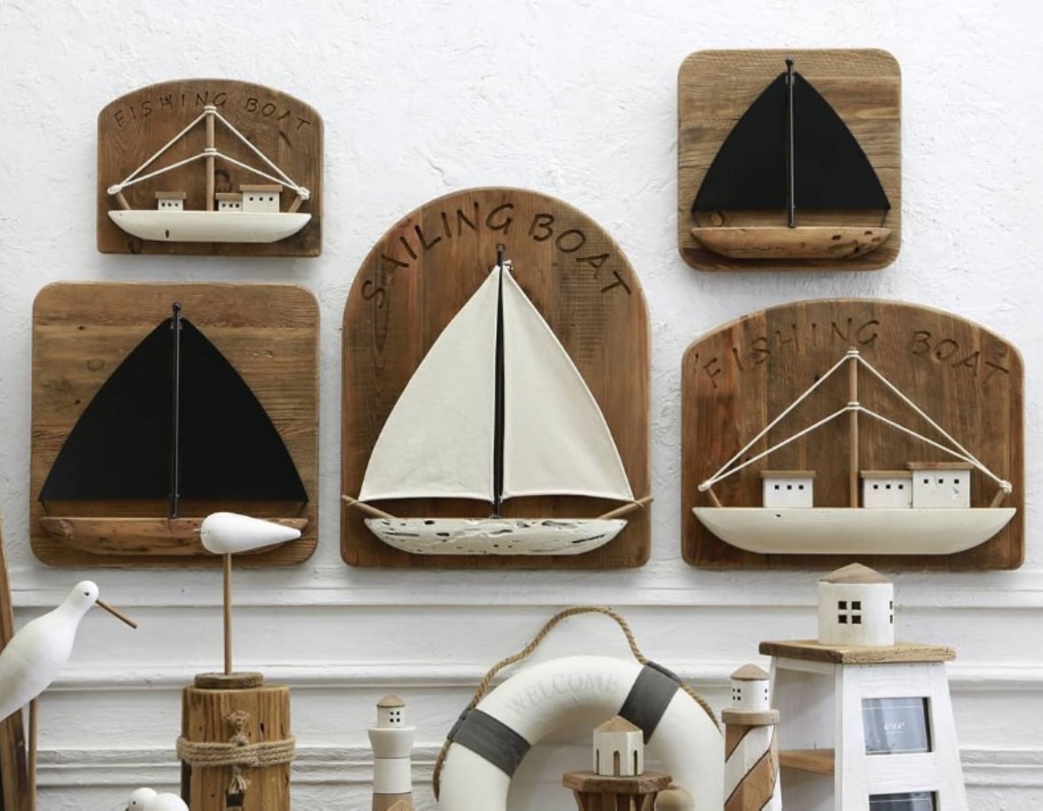 Reclaimed Wooden Sailing Boat Wall Decor, White 