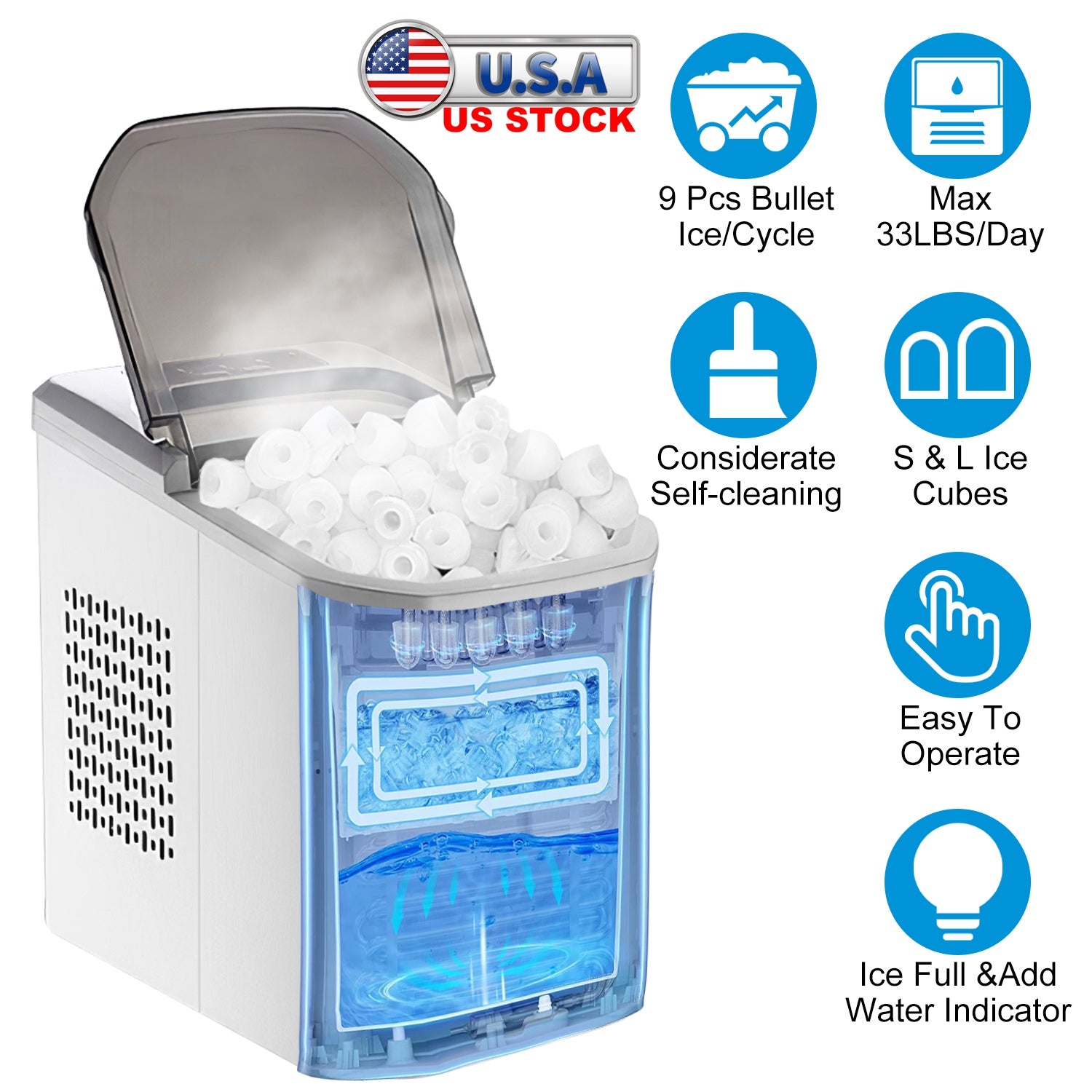 Electric Countertop Ice Maker with Ice Scoop Basket Self-cleaning Max 33LBS/24Hrs Ice Making Machine Bullet Ice Machine for Home Kitchen Office Party