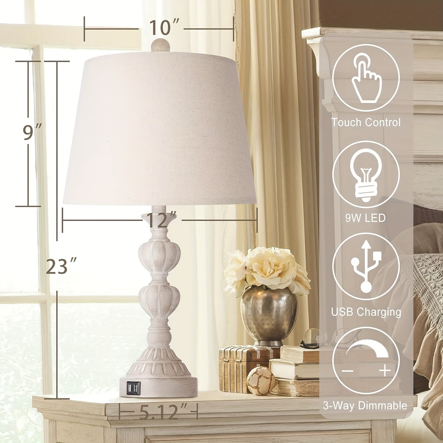 Coastal Farmhouse Table Lamp Set – 3-Way Dimmable Touch Control with Dual USB Ports, Blue Washed White Finish – Perfect for Nightstands or Living Rooms (Set of 2) 
