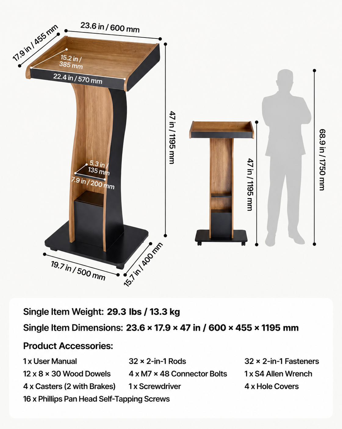 47-Inch Wooden Mobile Podium Lectern – Portable Presentation Stand with Storage Shelf, Book Stop & Locking Wheels