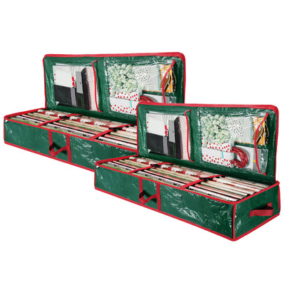 2Pcs Christmas Wrapping Paper Storage Containers Foldable Water Resistant Gift Wrap Organizer with Pockets Handles for Ribbon Card Bows Gift Bag Under 