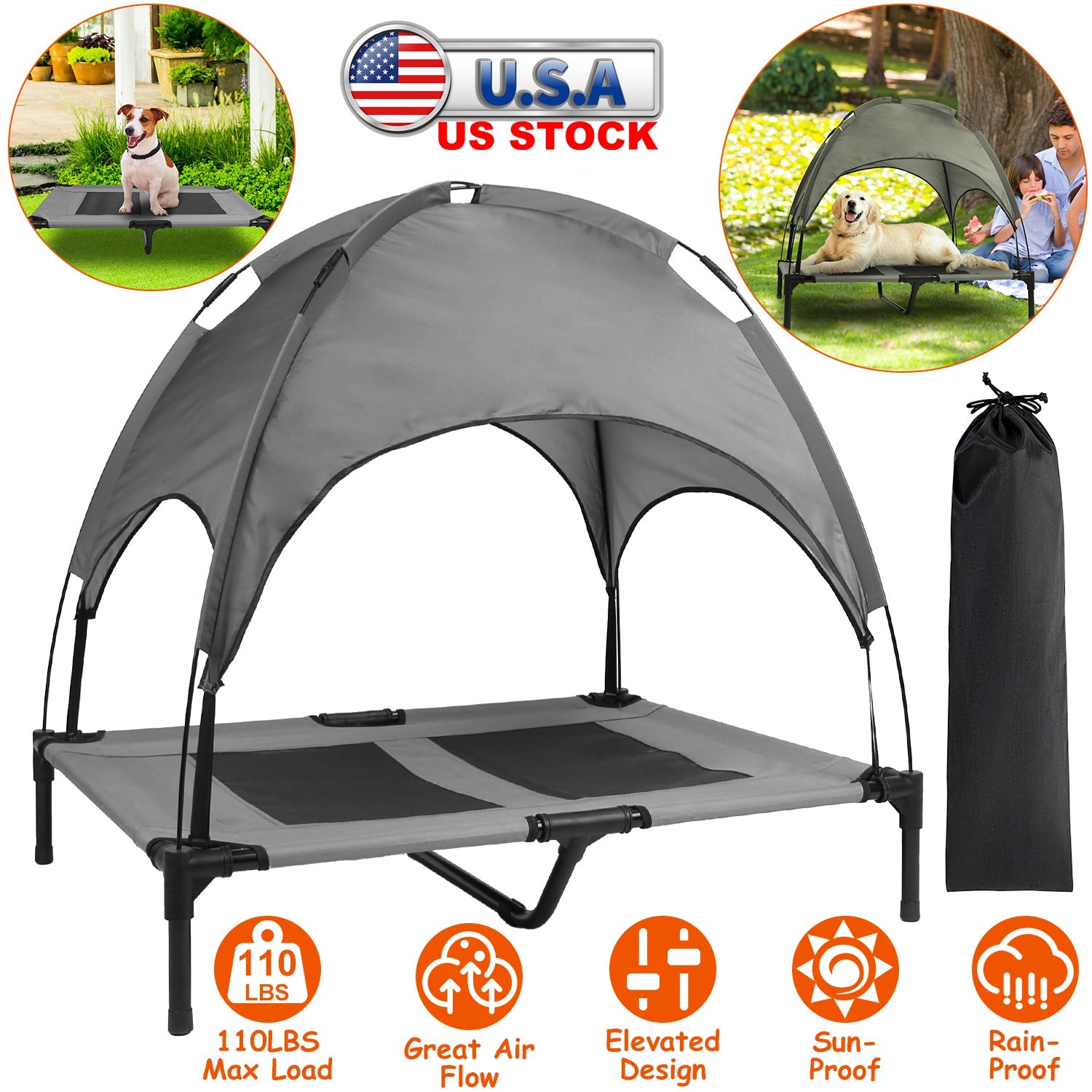 Outdoor Elevated Dog Bed Cooling Raised Pet Cot Canopy Shade Tent Pet Cooling Bed with Removable Canopy for Outside Yard Camping Beach 