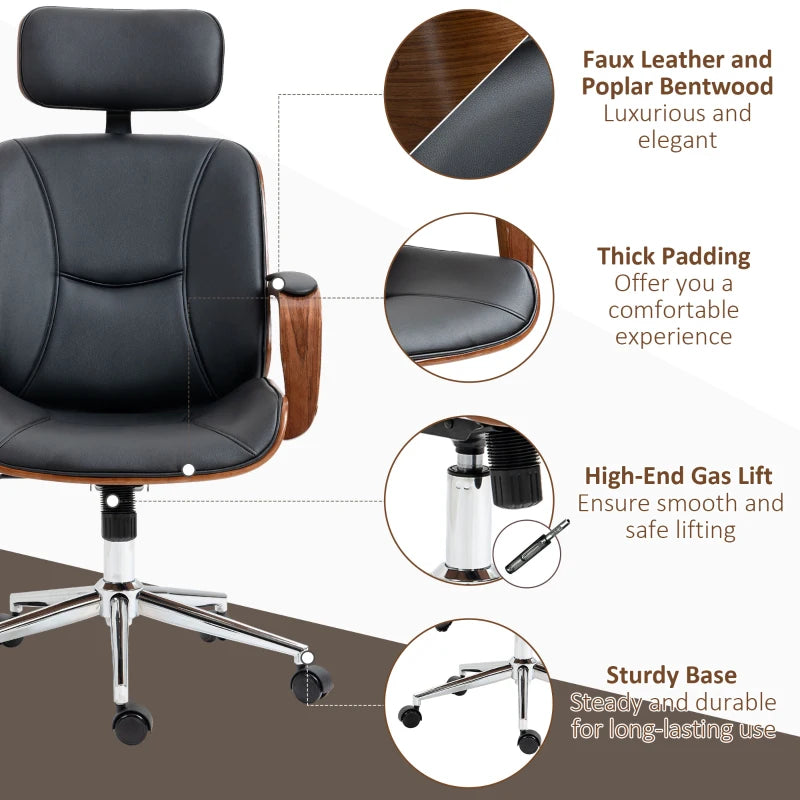 Office Chair, PU Leather Desk Chair with Removable Headrest, Adjustable Height, Tilt Function and with Wheels, Black