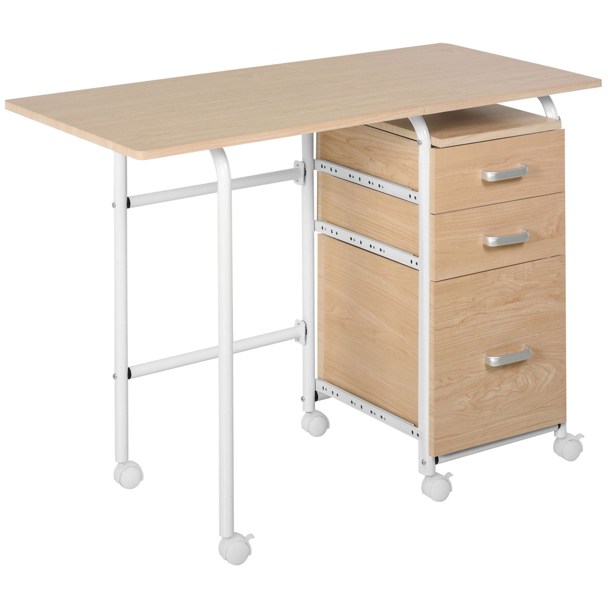 HOMCOM Foldable Desk: Drawers, Storage Shelf, Home Office Workstation, 6 Wheels, Space Saving 