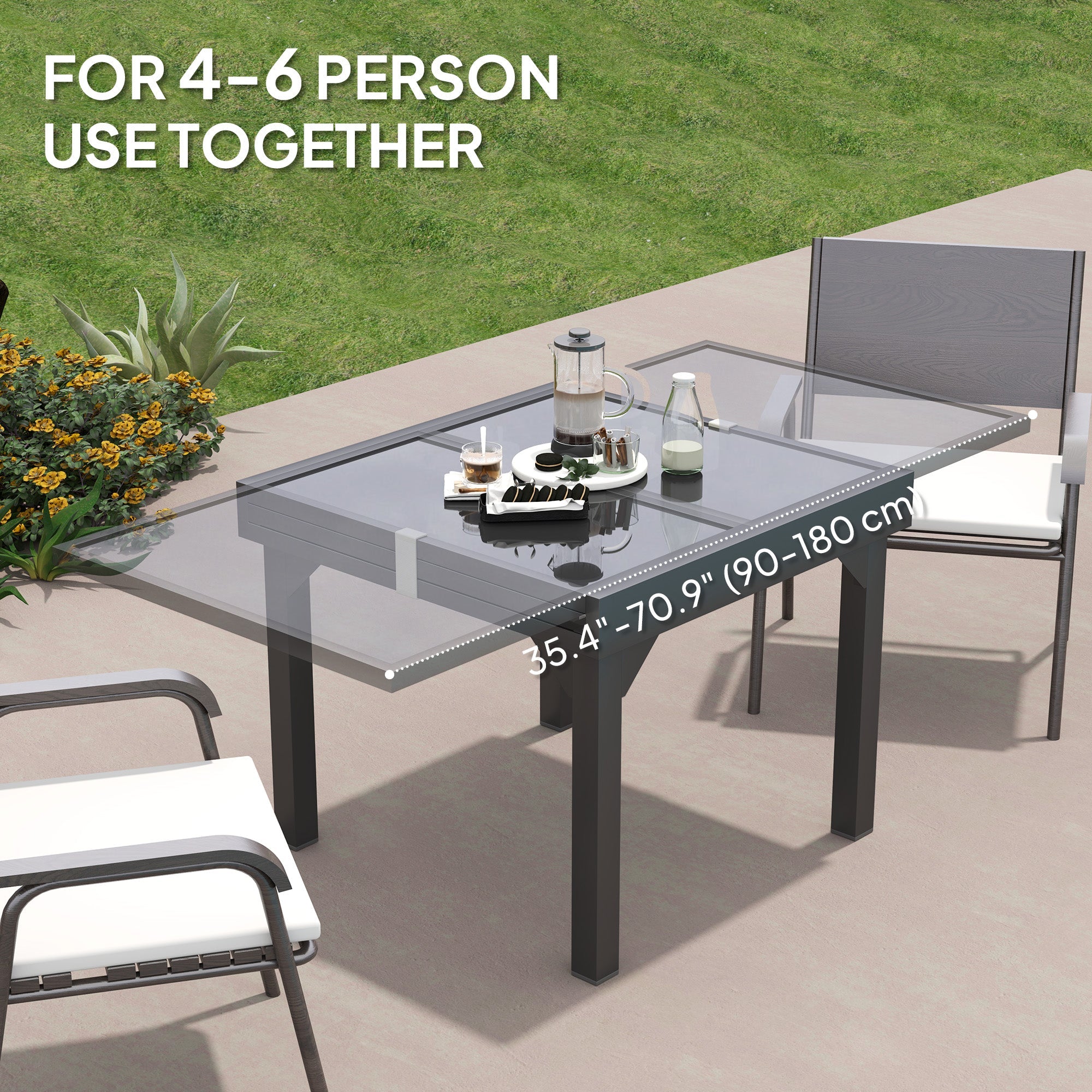 Outsunny 35"-71" Expandable Outdoor Table with Tempered Glass Top, Metal Frame, for 4-6 Person, for Lawn, Garden, Backyard 