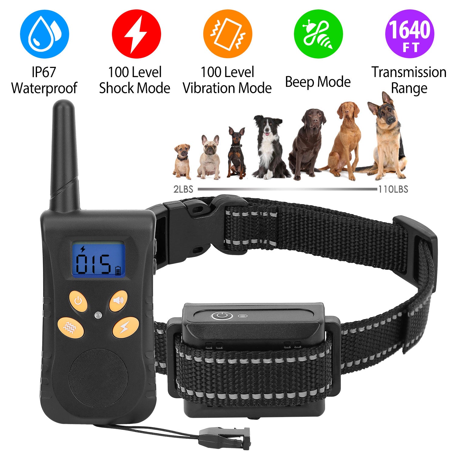 Dog Training Collar IPX7 Waterproof Pet Beep Vibration Electric Shock Collar Rechargeable Transmitter Receiver Trainer w/ Remote