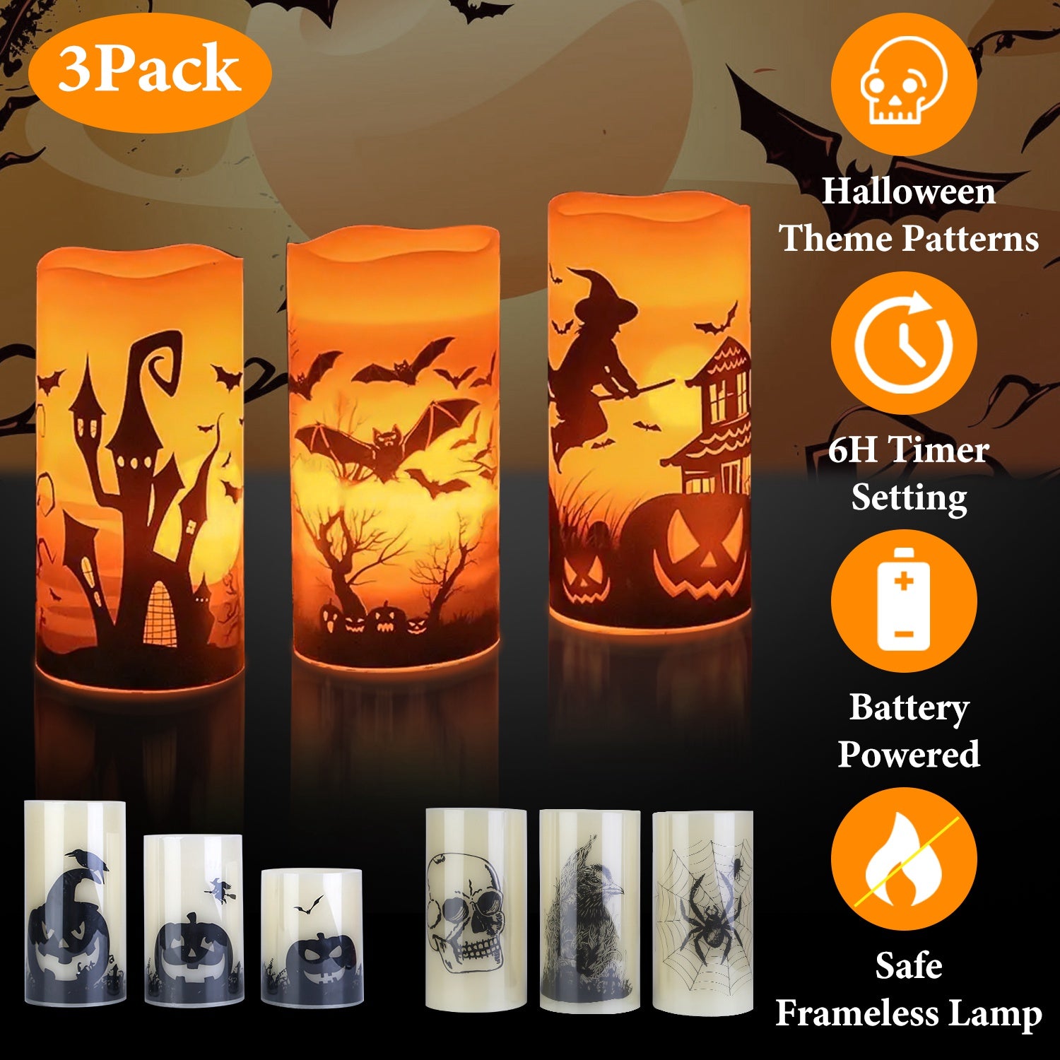 3 Pack Halloween Flameless Candle Lamp with Timer Setting Battery Operated Warm Orange Light Candles for Halloween Party Decoration Witch Bat Castle