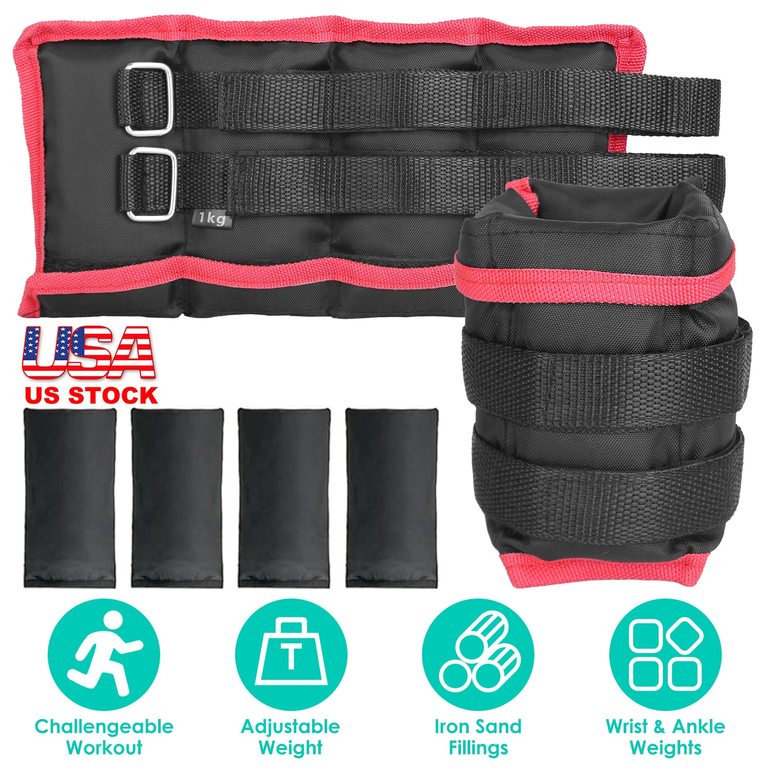 Ankle Weights Set 2.2/4.4LBS Pair Wrist Arm Ankle Weight with Iron Sandbags Fillings Length Adjustable Strap For Workout Physical Therapy Strength Tra