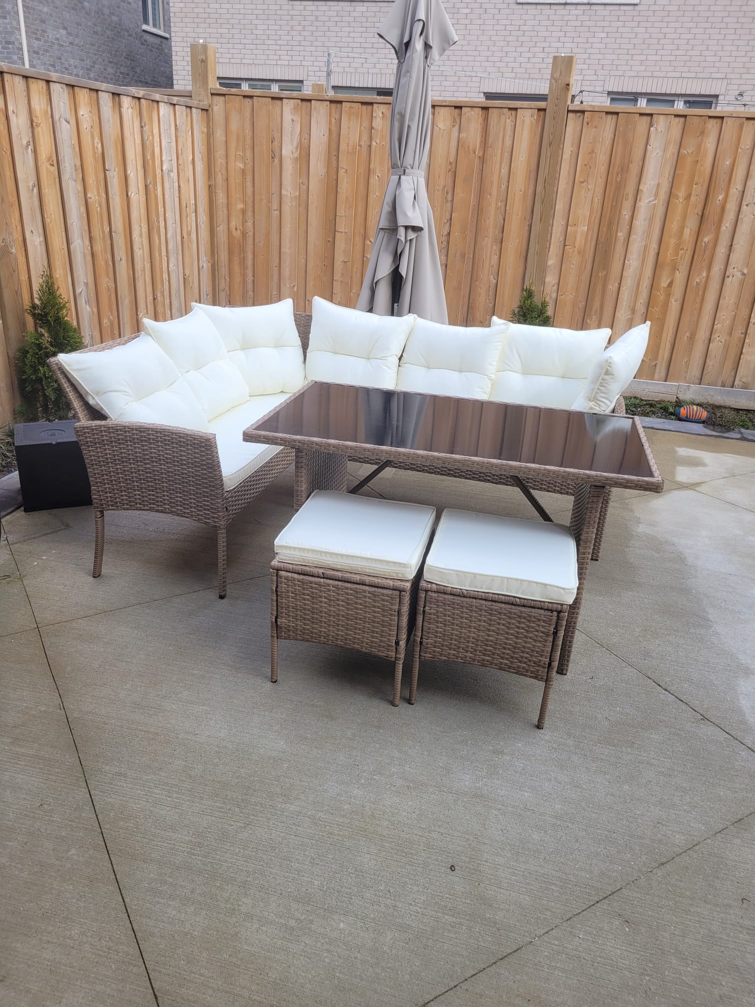 Garden Outdoor 7 pc Lounger Set Dark Brown Wicker with Beige Cushion 