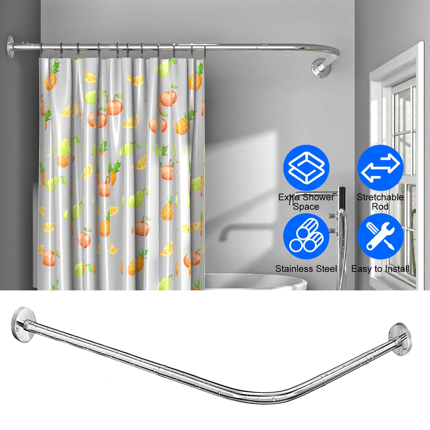 Curved Shower Curtain Rod Stainless Steel Rod L Shaped Stretchable Rod Bathroom Tub Closet Corner Rack Silver