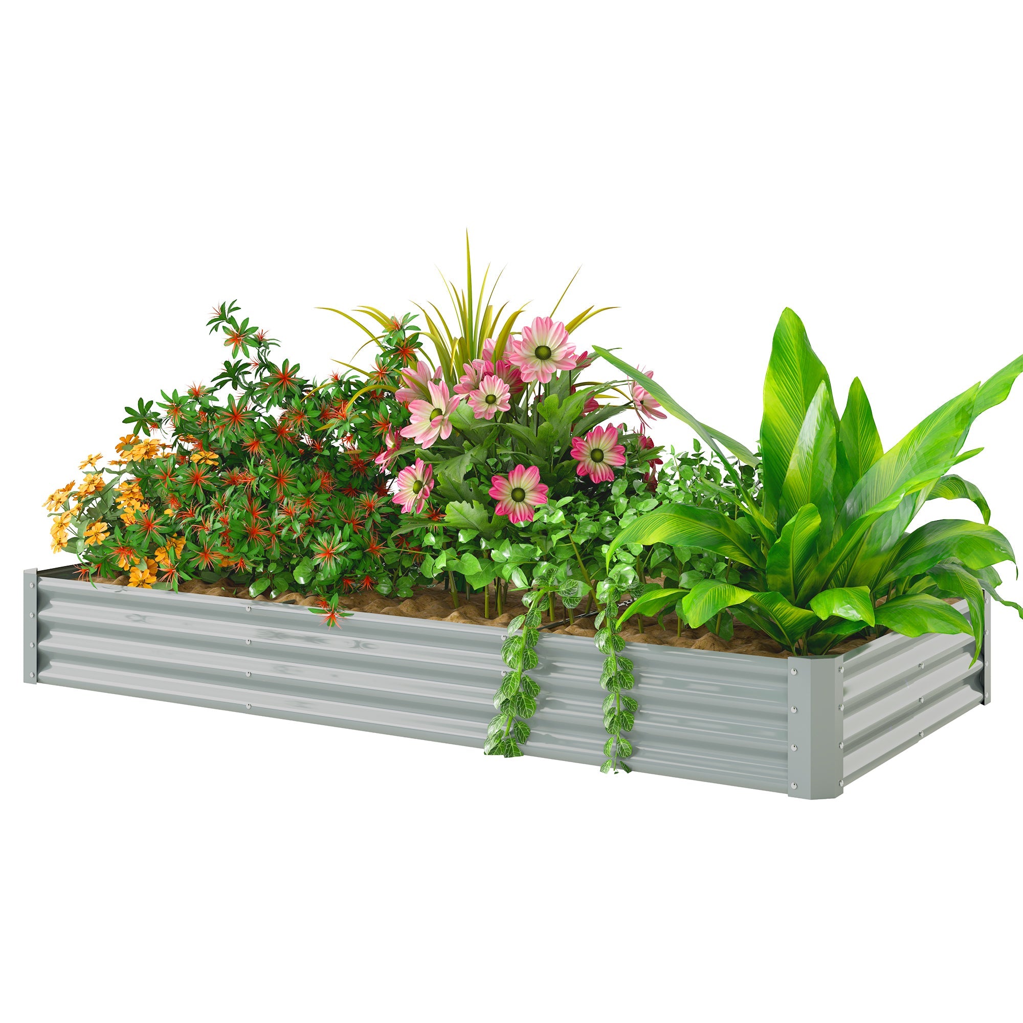 Outsunny 8 x 4 x 1ft Galvanized Raised Garden Bed, Reinforced Outdoor Planter Box with Open Bottom, Silver 