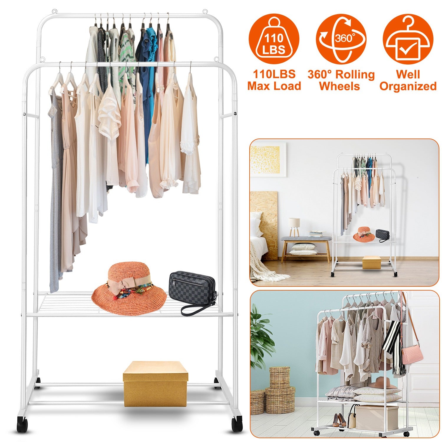 Garment Hanging Rack Clothing Hanging Rail Pillow Shoe Display Organizer Stand Rolling Wheel Clothes Organizer 