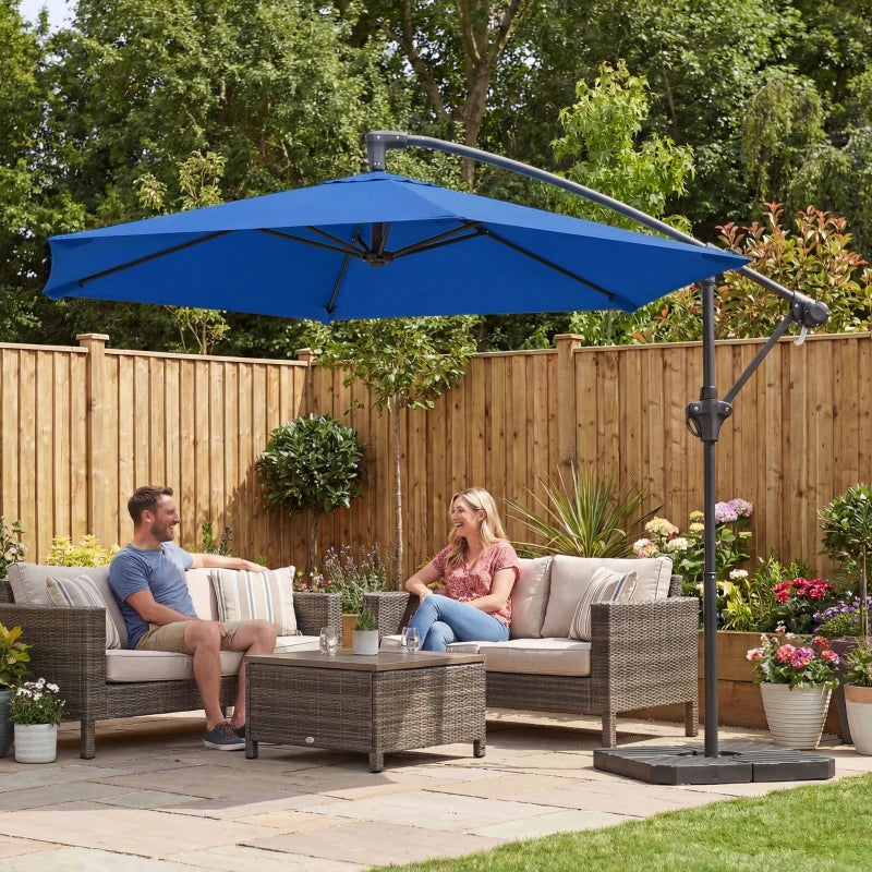 9.7 ft Offset Patio Umbrella with Water/Sand Fillable Weights, Garden Hanging Parasol with Locking Latch, Navy Blue