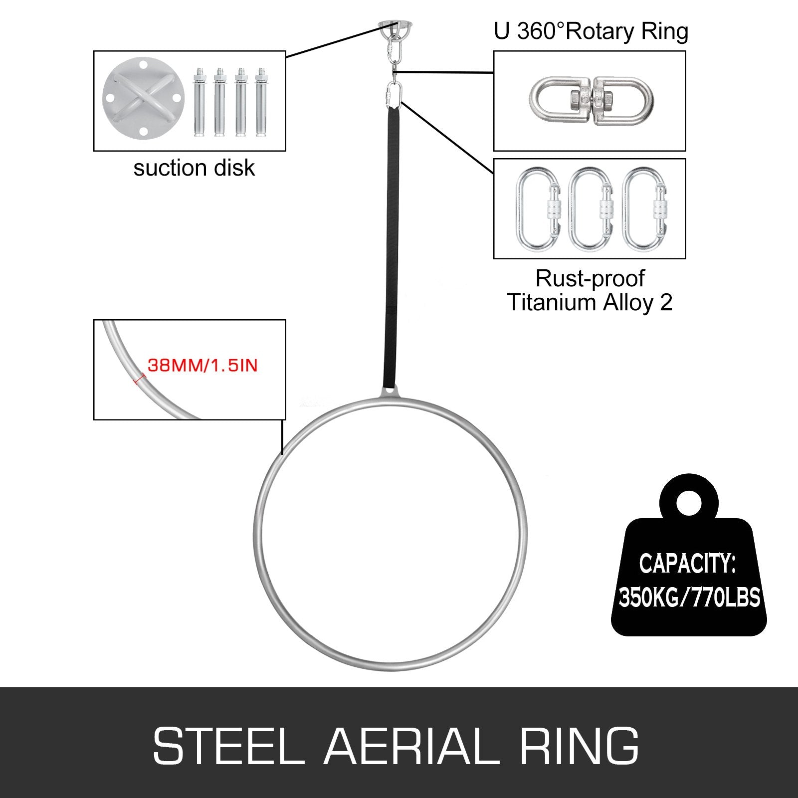 VEVOR womens Single Point Aerial Equipment Yoga Hoop for Aerial Dancing Yoga training, Sliver, 2.8ft 85cm Dia US 