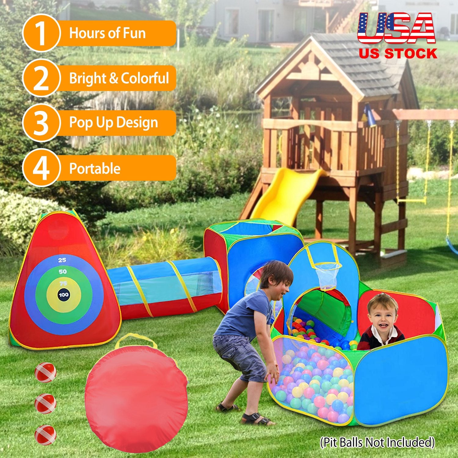 5Pcs Kids Ball Pit Tents Pop Up Playhouse w/ 2 Crawl Tunnel & 2 Tent For Boys Girls Toddlers Preschool Children Indoor Outdoor