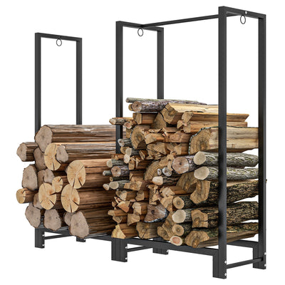 Outsunny 4ft Firewood Rack with Dual Space and Lock Rings, Steel Log Holder for Outdoor Indoor, Black 