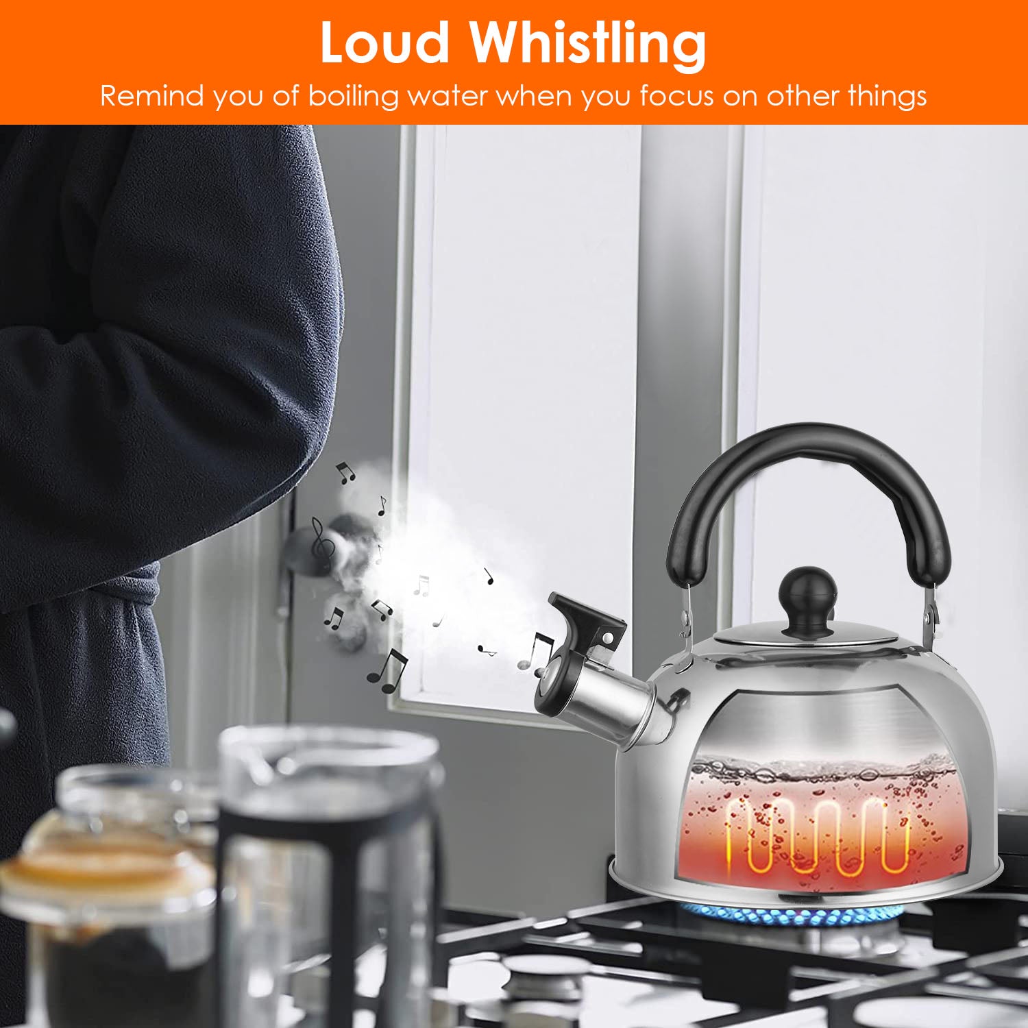 2.1Quarts Stainless Steel Whistling Tea Kettle Stovetop Induction Gas Teapot with Insulated Handle Camping Kitchen Office