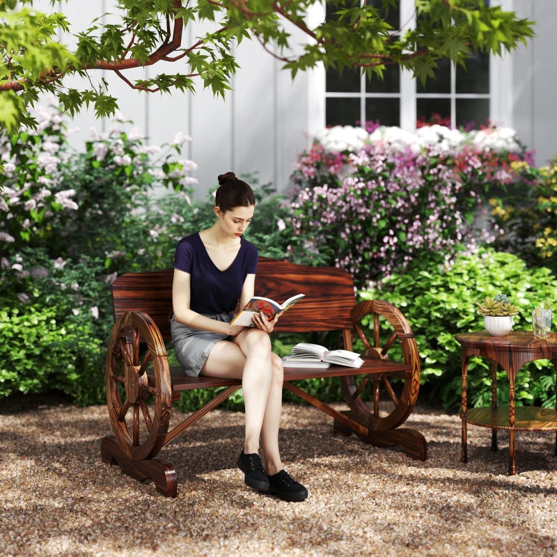 Wooden Outdoor Bench, Garden Patio Loveseat with Wagon Wheel Armrests, 528LBS Capacity, Carbonized