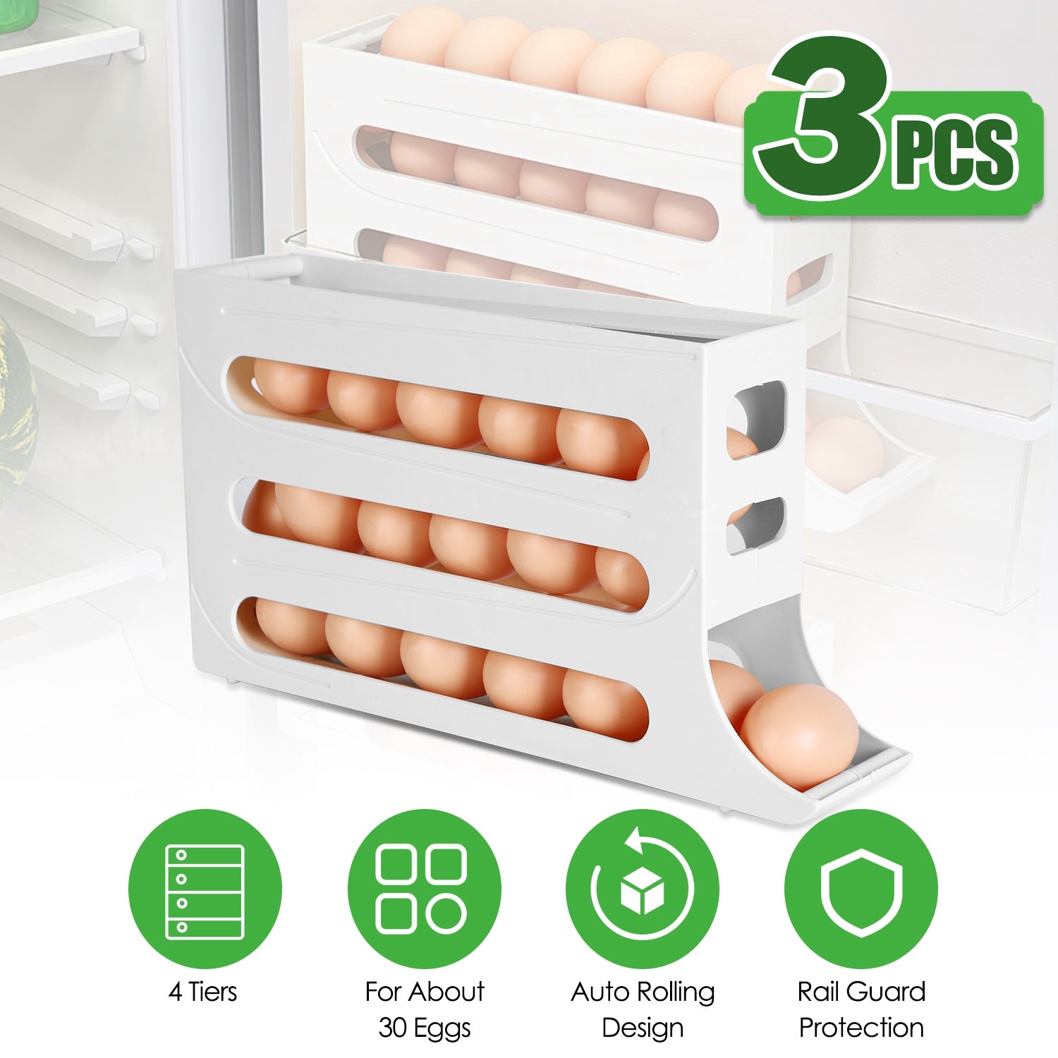 3Pcs 4 Tiers Egg Holder Auto Rolling Fridge Egg Organizer Space-Saving Tilt Refrigerator Egg Dispenser Fridge Roll Down Egg Storage Rack for About 30