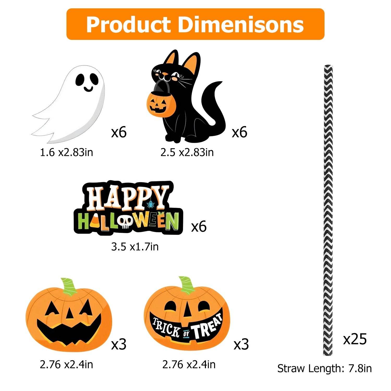 Set Of 25Pcs Halloween Party Striped Decorative Straws Disposable Drinking Straws Paper Straw Decor Happy Halloween Ghost Lantern Black Cat Halloween Party Supplies 