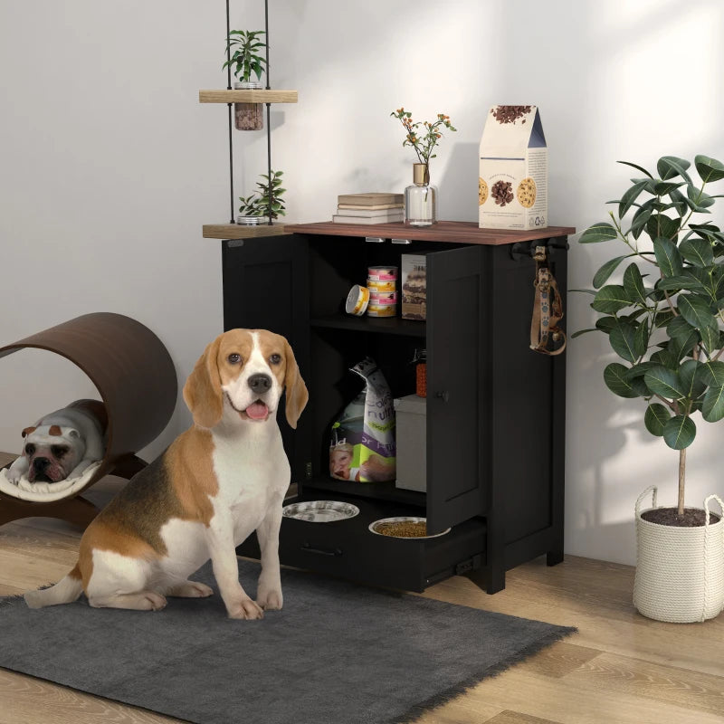 Pet Food Storage Container Dog Feeding Station w/ Adjustable Panel, Hooks, for Medium Sized Dogs, Black