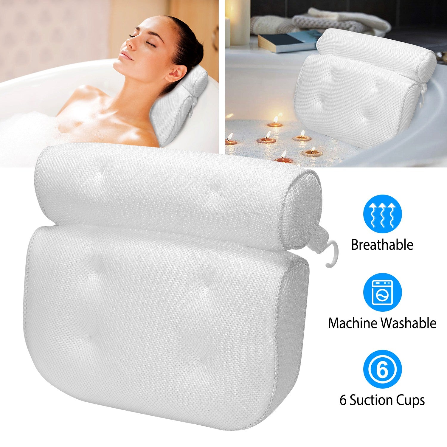 Bathtub Pillow Suction Cup Bath Pillow Air Mesh Breathable Spa Bath Pillow Neck Head Support