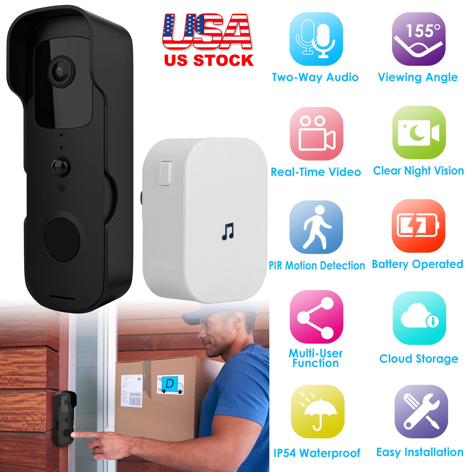 Wireless Smart Wi-Fi Video Doorbell Security Phone Doorbell Intercom Camera Two Way Audio Night Vision 1080P Motion Detection Battery Operated